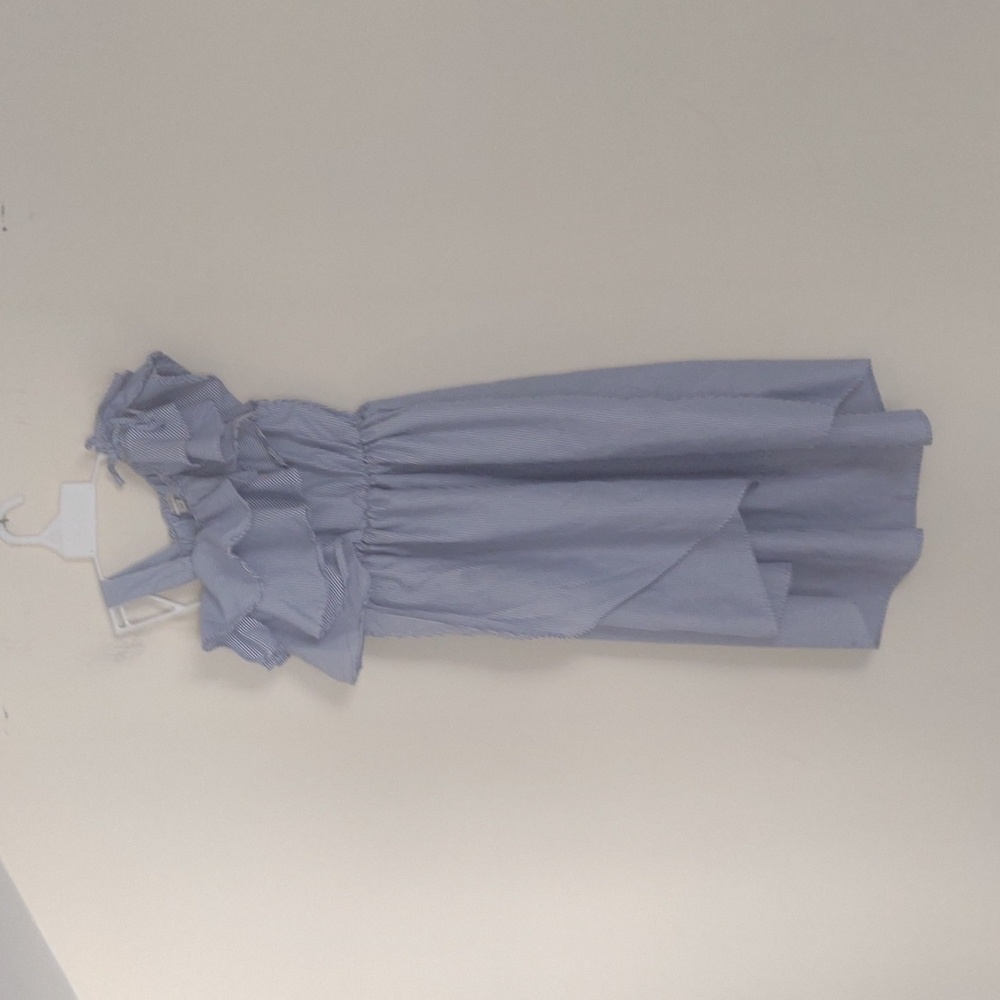 Habitual girl's blue/white pinstriped asymmetrical ruffled shoulder dress Sz 7/8